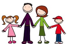 {Image: A hand drawn cartoon of a family of four. There is a daughter, father, mother, and son and they are all holding hands and smiling.} 