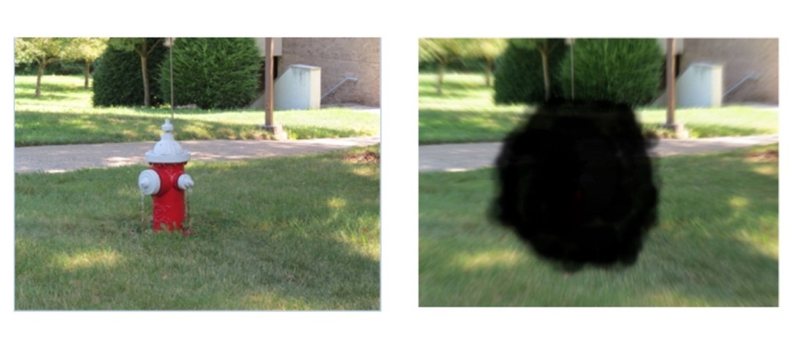 Image 1:  A red fire hydrant with a white top and spigots surrounded by grass with a walkway and bushes in the background.  Image 2: An irregular black circle in the center of a slightly blurred picture of green grass, a walkway and bushes in the background.