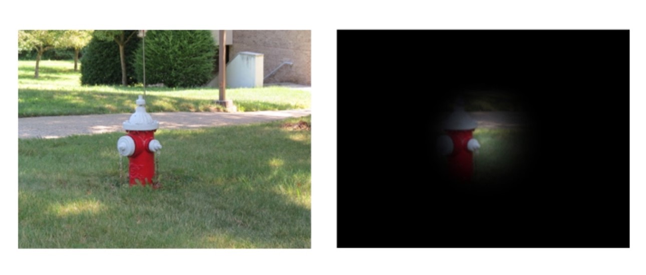 Image 1:  A red fire hydrant with a white top and spigots surrounded by grass with a walkway and bushes in the background.  Image 2: A black rectangle with a small, irregular circle in the middle showing a red and white fire hydrant.