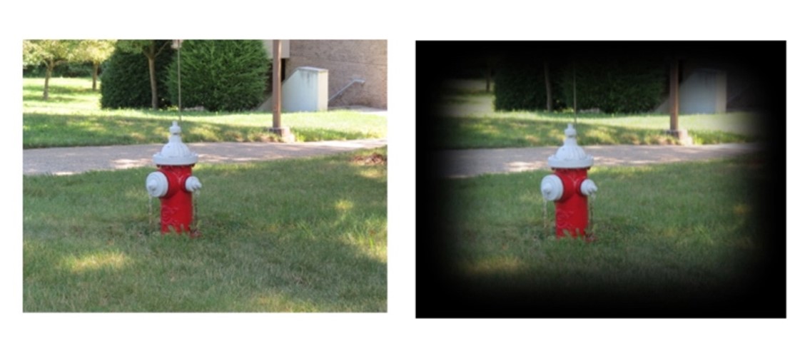 Image 1: A red fire hydrant with a white top and spigots surrounded by grass with a walkway and bushes in the background.  Image 2:  A red fire hydrant with a white top and spigots surrounded by grass with a walkway and bushes in the background. The outer edges of the image are irregular and fade to black. 