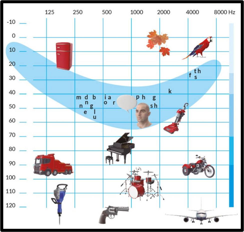 Audiogram showing a light blue "banana-shaped" area. Images of objects like trucks and airplanes are placed on the chart.